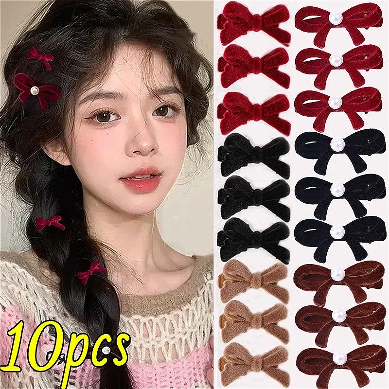 French Red Black Velvet Bowknot Ribbon Hair Clips Girl Small Pearl Bow Bobby Pin Girls Barrettes Vintage Headwear Accessories