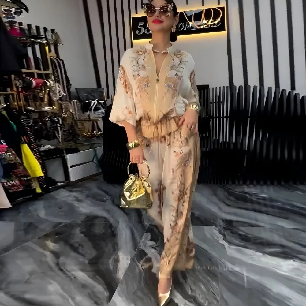 Women Beige Boho Print 2 Piece Outfit Batwing Sleeve Blouse and Loose Wide Leg Pants Casual Bohemian Set for Streetwear Festival view 5