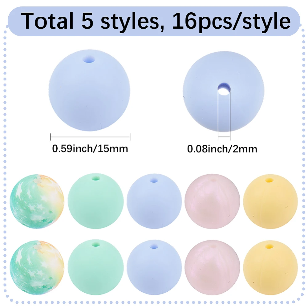 80Pcs 5 Styles Macaron Beads Round Focal Beads Bulk 1.5cm Colorful Soft Rubber Print Pattern Loose Spacers Kit for Jewelry
