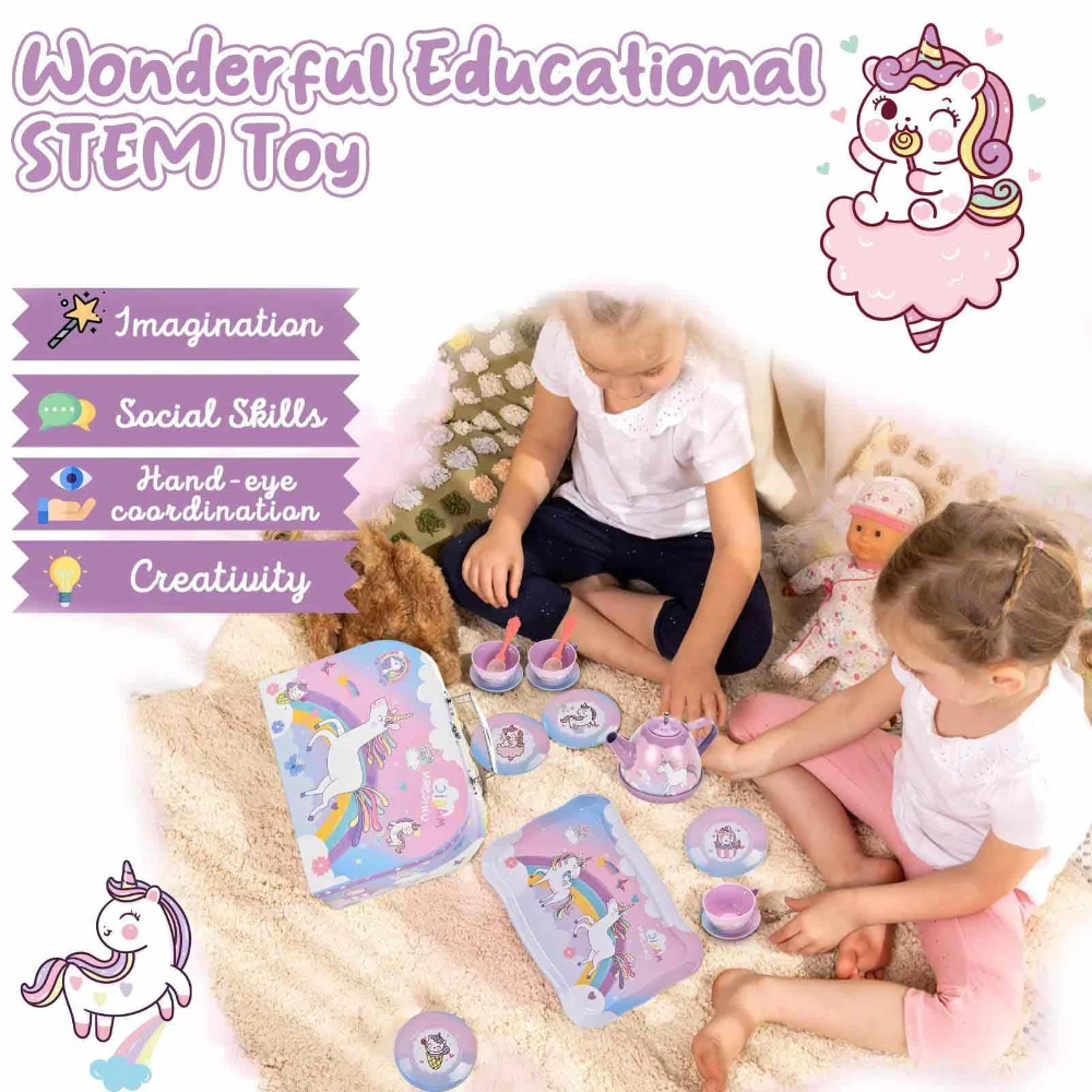 WizKidz Unicorn Tea Party Set for Little Girls Pretend Purple Tin Teapot Cups Plates Carrying Case Birthday Gift for Kids Age 3+