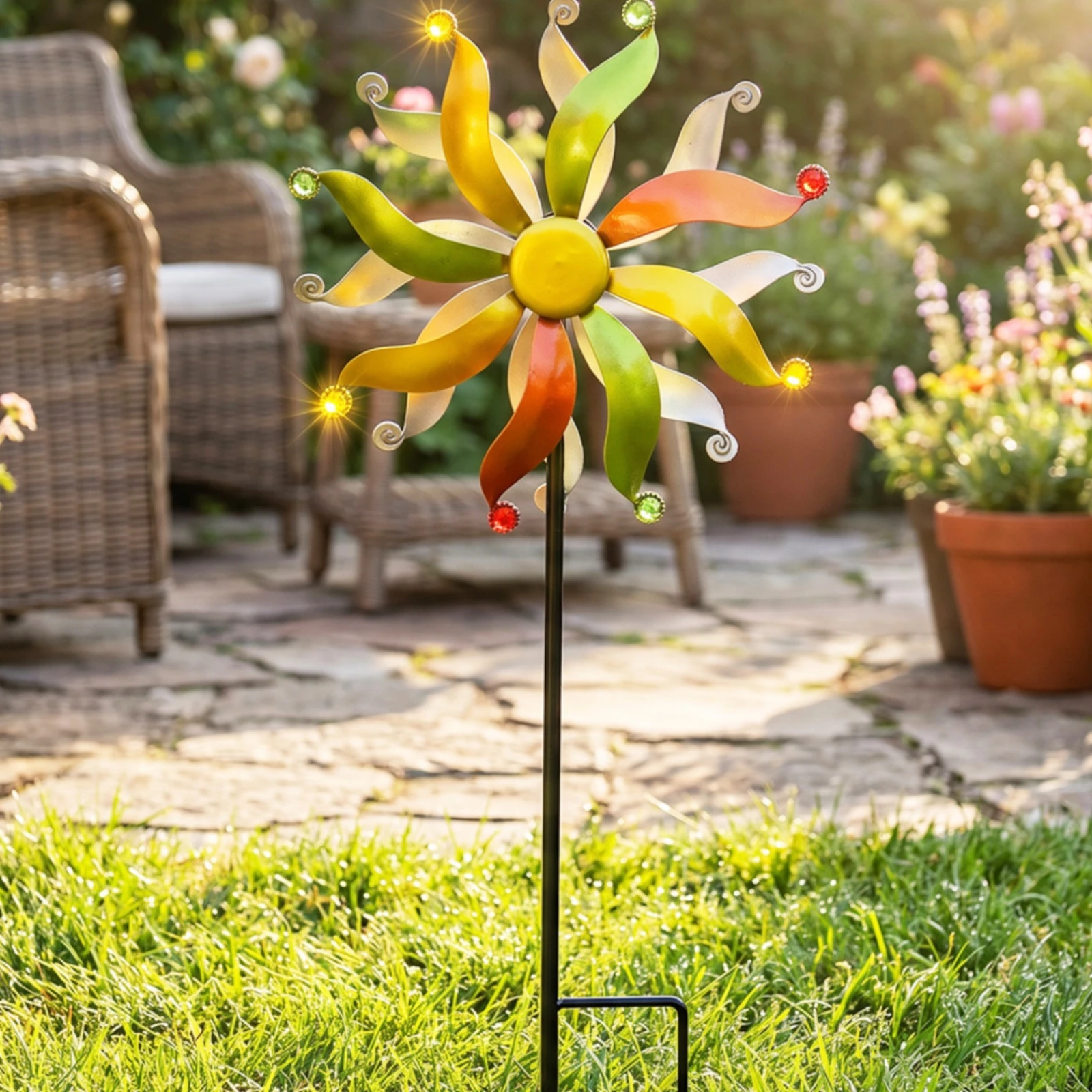 Metal Garden Wind Rotator Flower-Like Garden Stake Rotator Pinwheel Ornament Curved Blades Yard Art Stake Brightly Colored