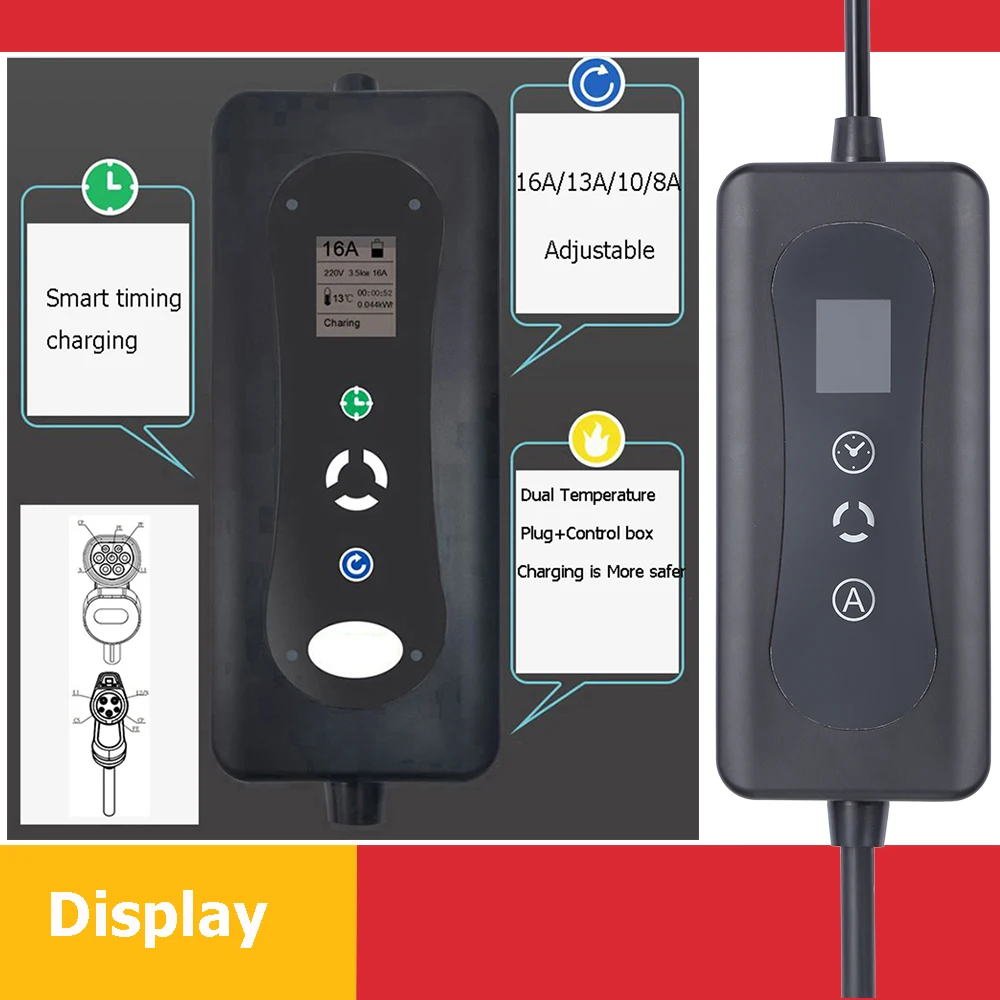 Type1 Type2 Type 1 2 Portable EV Car Charger With 16A to 8A Adjustable Current/10m Long Charging Cable