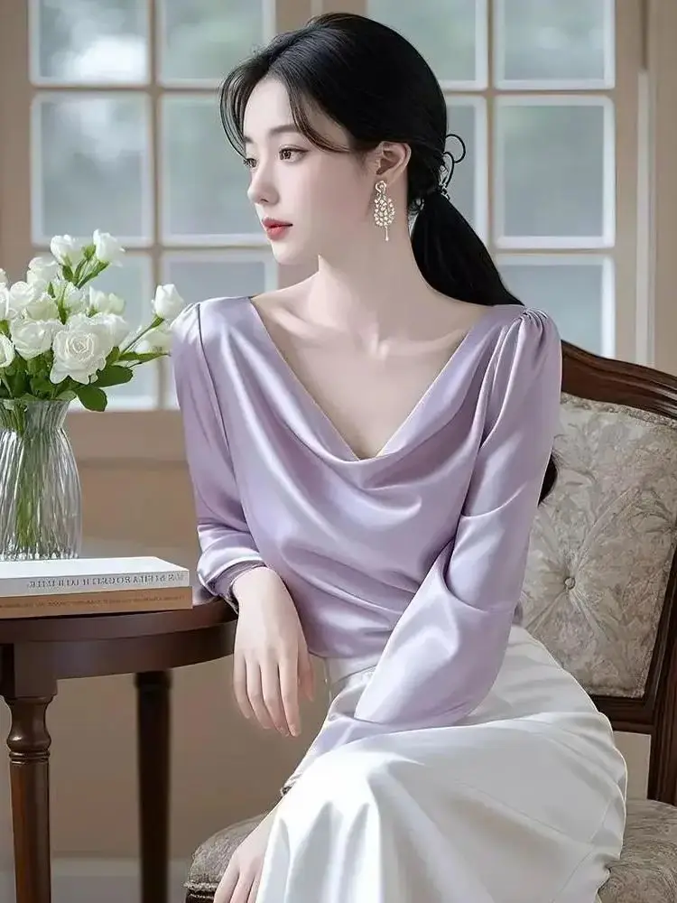 

Temperament Simple Pleated Blouse Women Clothing Spring 2025 New Long Sleeve V Neck Solid Loose Elegant Shirt Tops Fashion Sweet