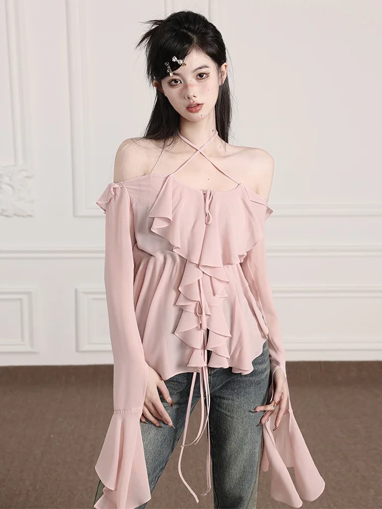 

Pink Chiffon Hanging Neck Shirt Women's Spring New Design Sensation Shoulder Exposure Base Inner Wear Top Original Design Pur...