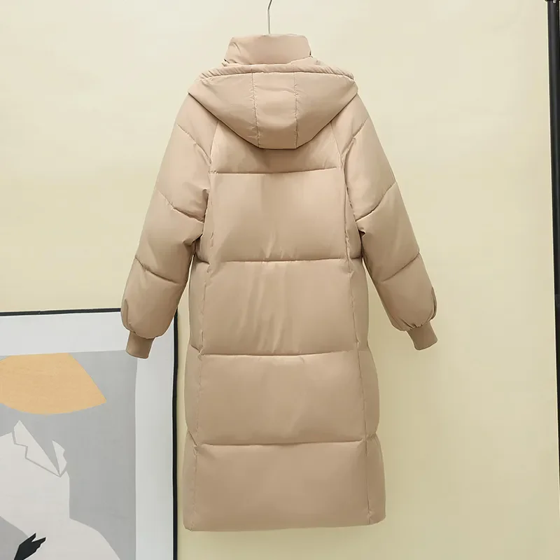 Women Clothing Parkas Loose Long Padded Jacket Winter Black Hooded Thick Down Cotton below the knees Coat