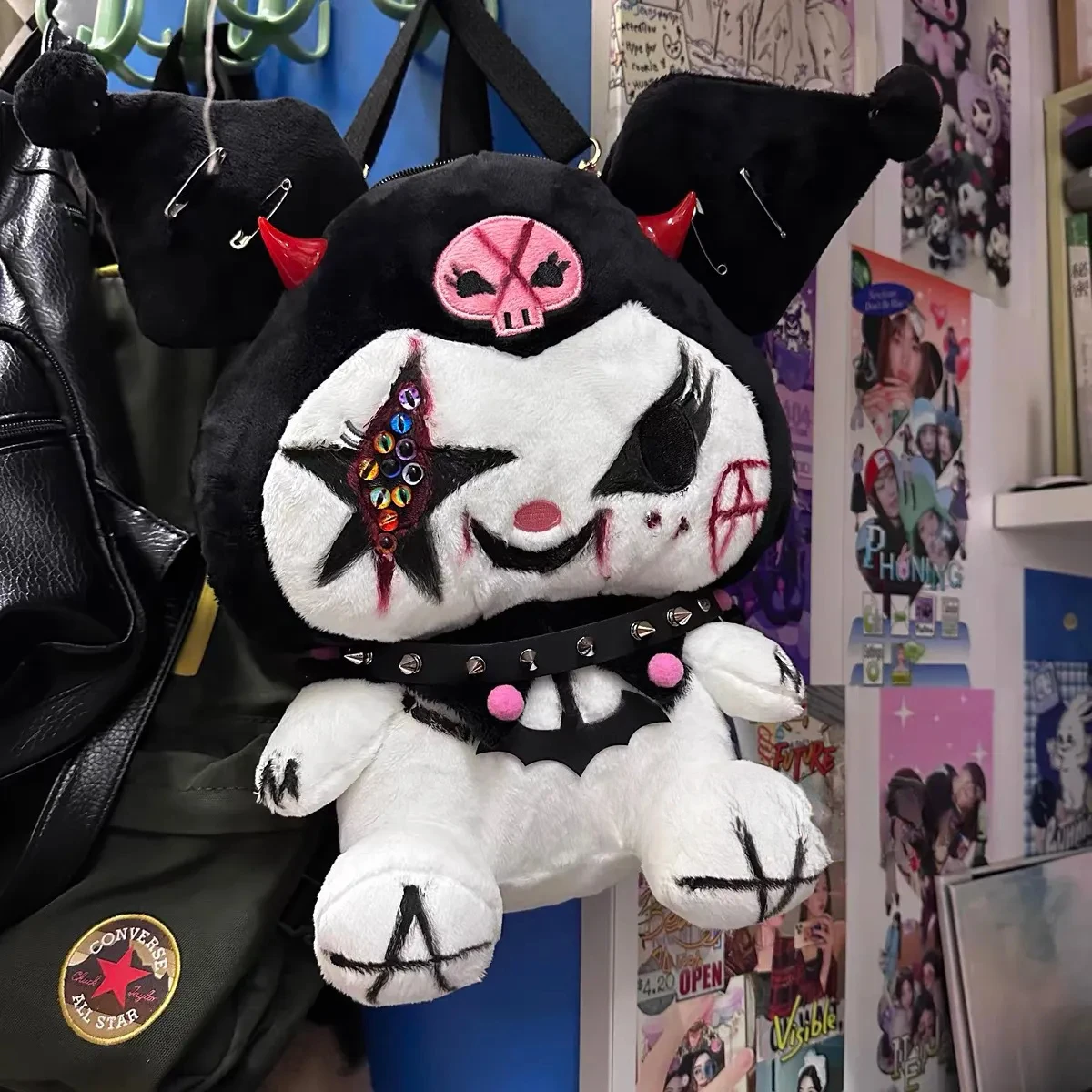 Y2k Sanrio Kuromi My Melody Doll Plush Backpack Kawaii Rock Style Diablo Trend Punk Shoulder Bag Doll Cosplay Prop Schoolbags