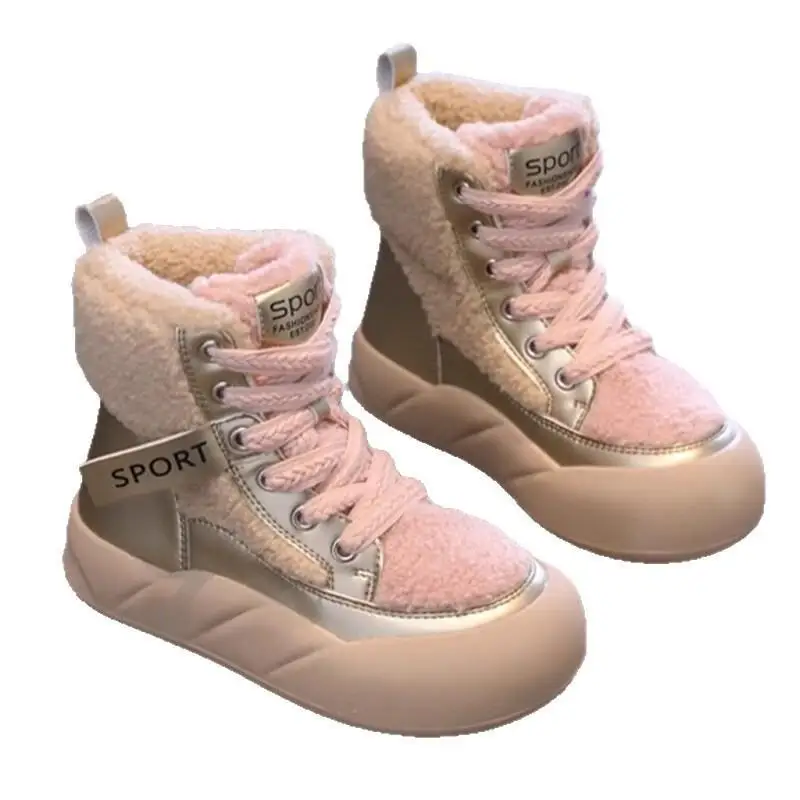รองเท้าเด็กแฟชั่นสไตล์ Y2K น่ารัก รองเท้าบูทหิมะสำหรับเด็กผู้หญิง ฤดูหนาว 2025 รุ่นใหม่บุขนหนานุ่ม รองเท้าผ้าฝ้ายเด็กไซส์ใหญ่