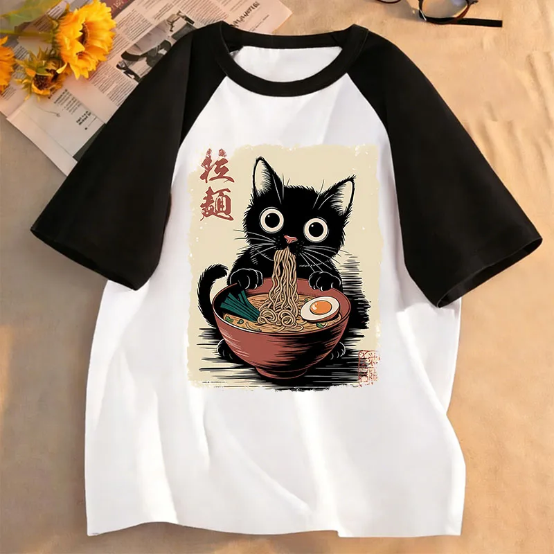 Camisetas con Diseño de Gato Ramen Estilo Japonés 2026, Camisetas Manga para Niños y Niñas, Playera Casual de Verano y Primavera