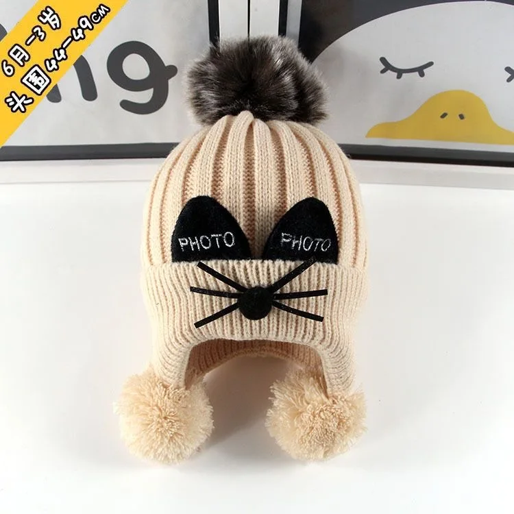 1 to 10 years old children\'s hats autumn winter with warm velvet ear protection hats baby cute boys and girls knitting wool hats