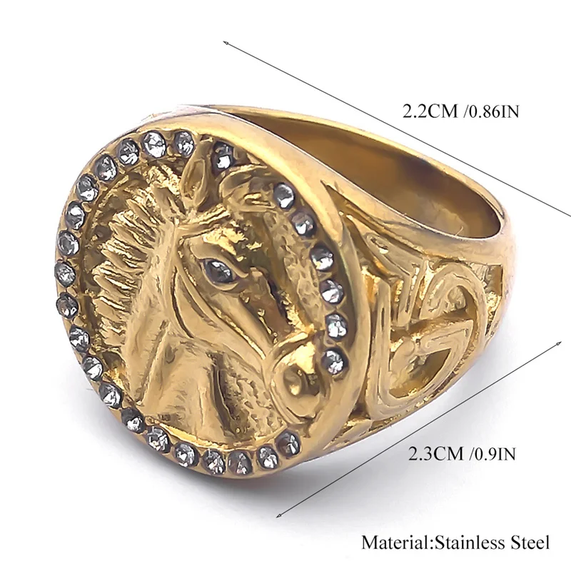 Hip Hop Punk Horse Head Ring for Women Men Stainless Steel Shiny Rhinestone Gold Color Horsehead Finger Rings Jewelry RRR541S03