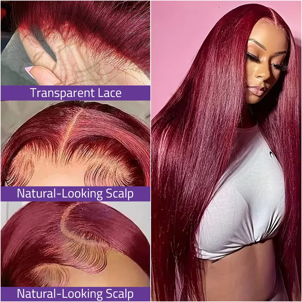 بورجوندي 13x6 HD الدانتيل الجبهة 100% باروكة من شعر طبيعي 13x4 الدانتيل الشفاف الجبهة العظام شعر مستعار مستقيم للنساء 200 220 الكثافة 99J شعر مستعار