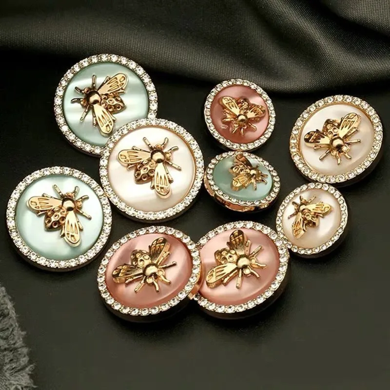 6Pcs Fashion Antique Rhinestone Decor Metal Gold Bee Pink Blue Pearl Buttons For Clothes Coat Cardigan Sweater Sew Needlework