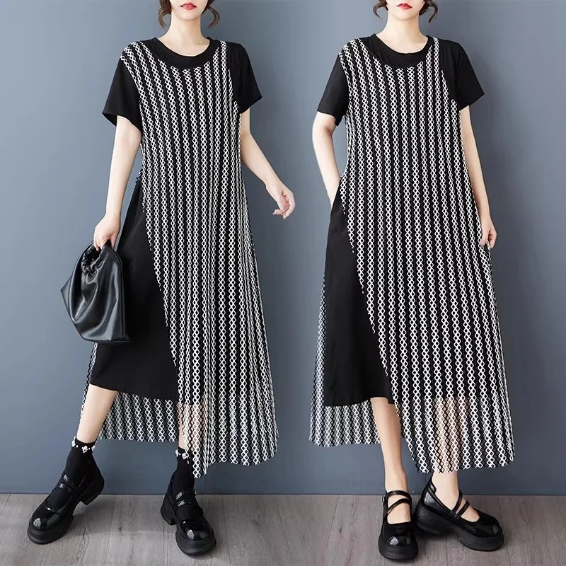 Short Sleeve Dress Women Korean Version Fake Two Piece Contrast Color Hollow Out Loose Casual Spring Summer Versatile Dress j374