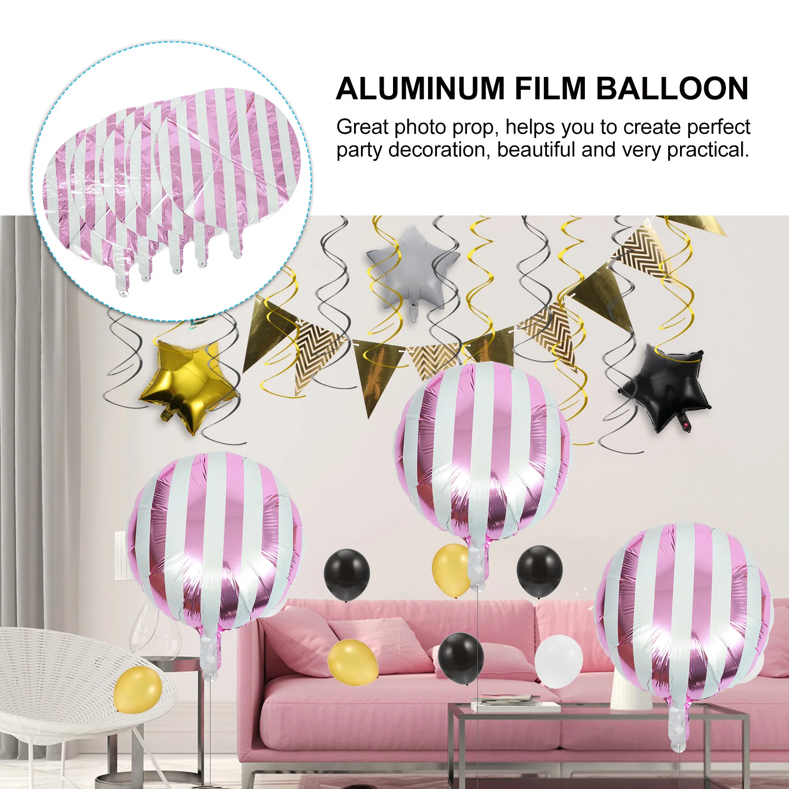 

10pcs Candy Colored Balloons Inflatable Decor Striped Round Aluminum Film Balloon Birthday Party Scene Decorations