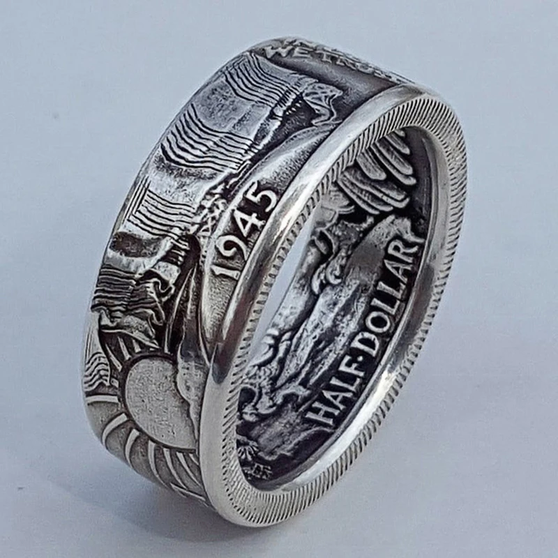 New US 1945 HALF DOLLAR Men Rings Commemorative Gift for Boyfriend Handmade Vintage Party Male Ring Jewelry Drop Shipping