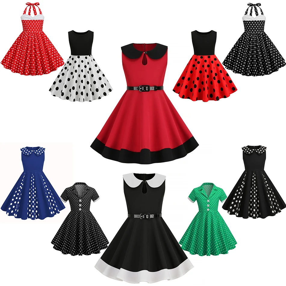 Baby Doll Neck European American Girls Retro Princess Dress Kids Vintage Swing Belt Rockabilly Prom Party Dresses Children Skirt