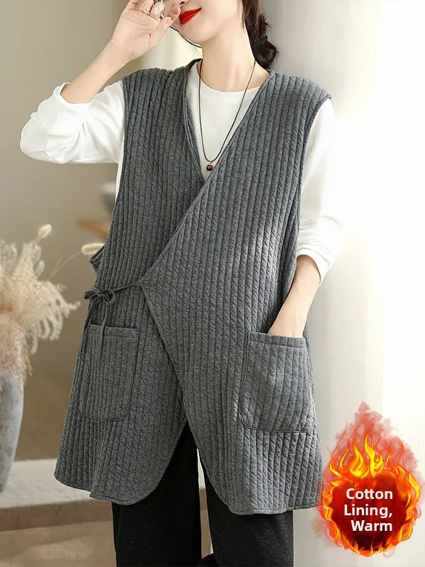 الرجعية خفيفة الوزن الصينية خياطة القطن سترة كبيرة الحجم المرأة V-Ne مربوط غير المتكافئة oulder أعلى الخريف الشتاء #5