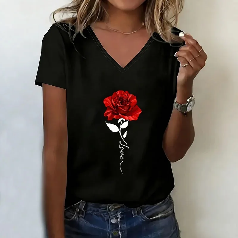 Love Rose V-neck T-shirt, Y2k casual fashion, 90s printed t-shirts, women's short-sleeve t-shirt