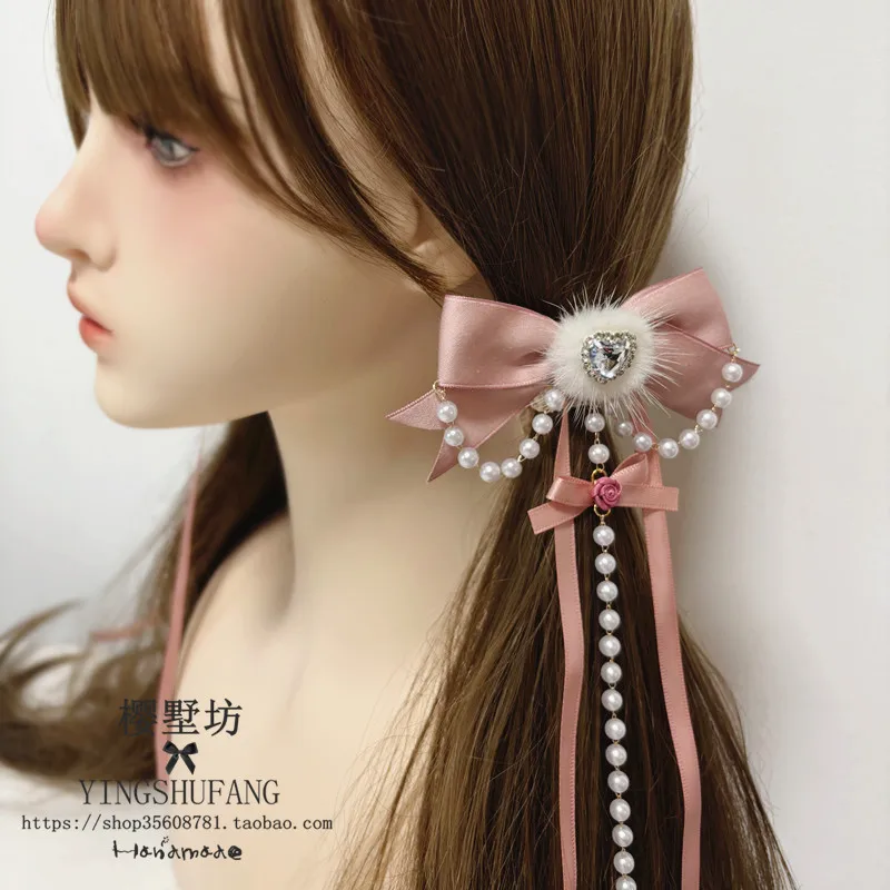 

Милый длинный бант с серпанцами, заколка для волос, милая Лолита, Furball, кристалл, обруч для волос принцессы, жемчужная цепочка, лента с бантом, головные уборы Kc, заколка для волос