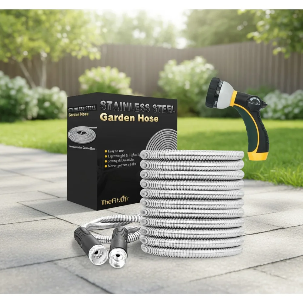 

Flexible Metal Garden Water Hose - Stainless Steel Kink Free Durable Lightweight Easy Storage 100FT