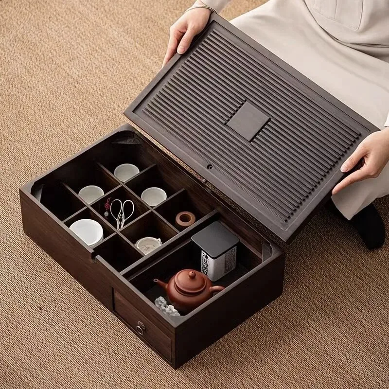 Chinese Style Bamboo Tea Box,All-in-One Storage with Ruyi Window，Multifunctional Tea Set Organizer,Ceremony Table Decor for Home