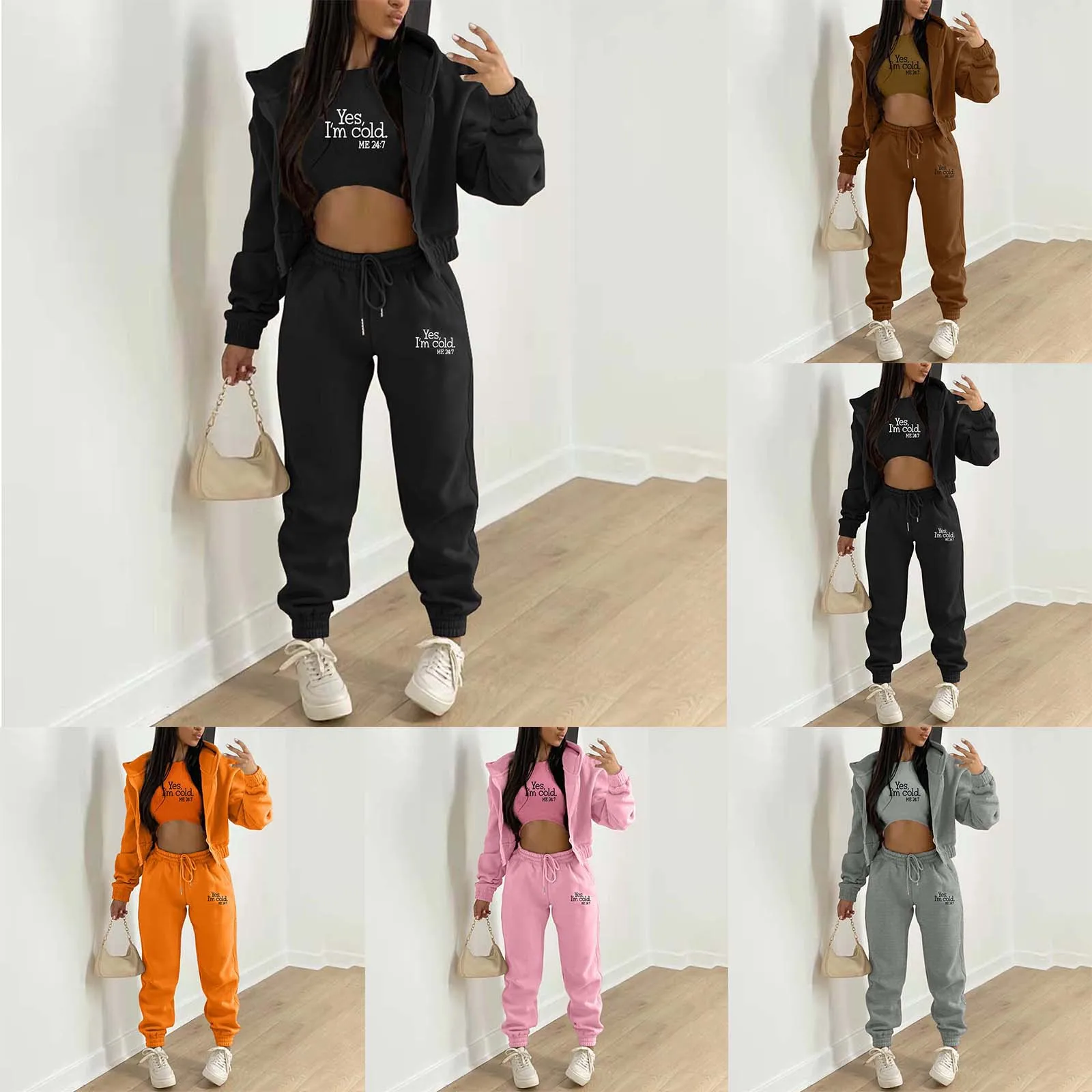 Conjunto Jogger de algodão de três peças para mulheres, agasalho, moletom, capuz, carta impressa, terno lazer, moda, inverno