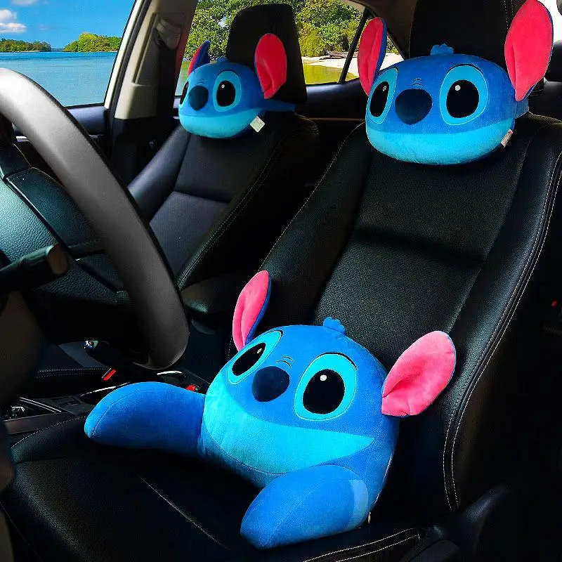 Disney Stitch Car Headrest Kawaii Blue Neck Pillow Cute Cushion Soft Stuffed Doll Toy Car Lumbar Neck Pillow For Kid Adult Gifts