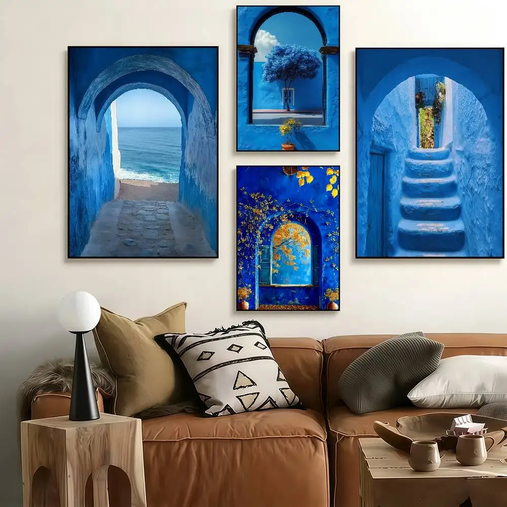 Blue Arch Ocean View Poster Self-Adhesive Art Waterproof Paper Sticker Coffee House Bar Room Wall Decor