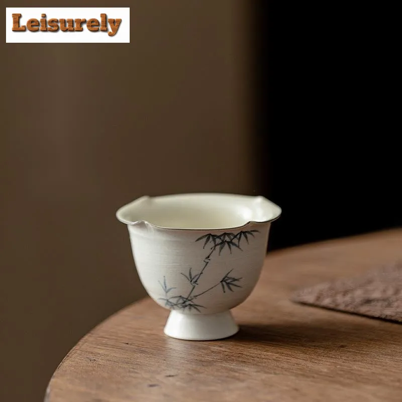 100ml Hand-painted Bamboo Pottery Teacup Powder Yin White Master Cuop Flower Mouth High Foot Cup Chazhan Mugs Kung Fu Tea Set