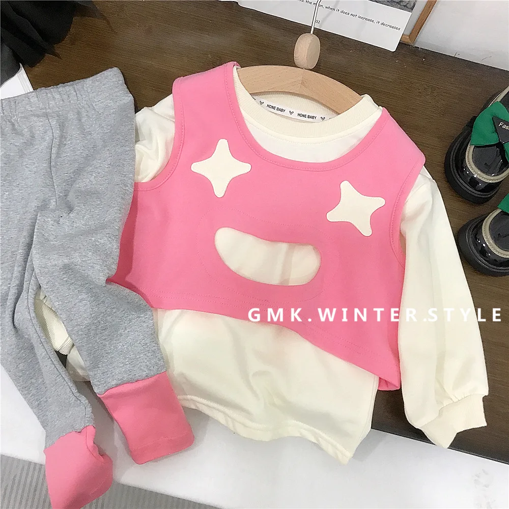 Conjunto de ropa de 3 uds para niña, chaleco rosa con sonrisa hueca, camisetas de algodón sólido, traje empalmado, mallas con cintura elástica, primavera y otoño