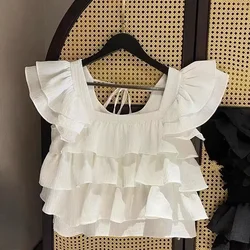 Girls Tops Vest Summer New White Ruffles Sleeveless Short Shirt Teens Kids Clothes 12 13 14 Years Children Beach Hooliday Blouse