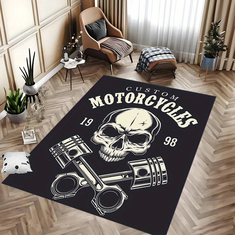 Heavy Duty Polyester Motorcycle Biker Skull Design Rug Entrance Doormat Floor Mat Custom Garage Man Cave Home Decor Accent