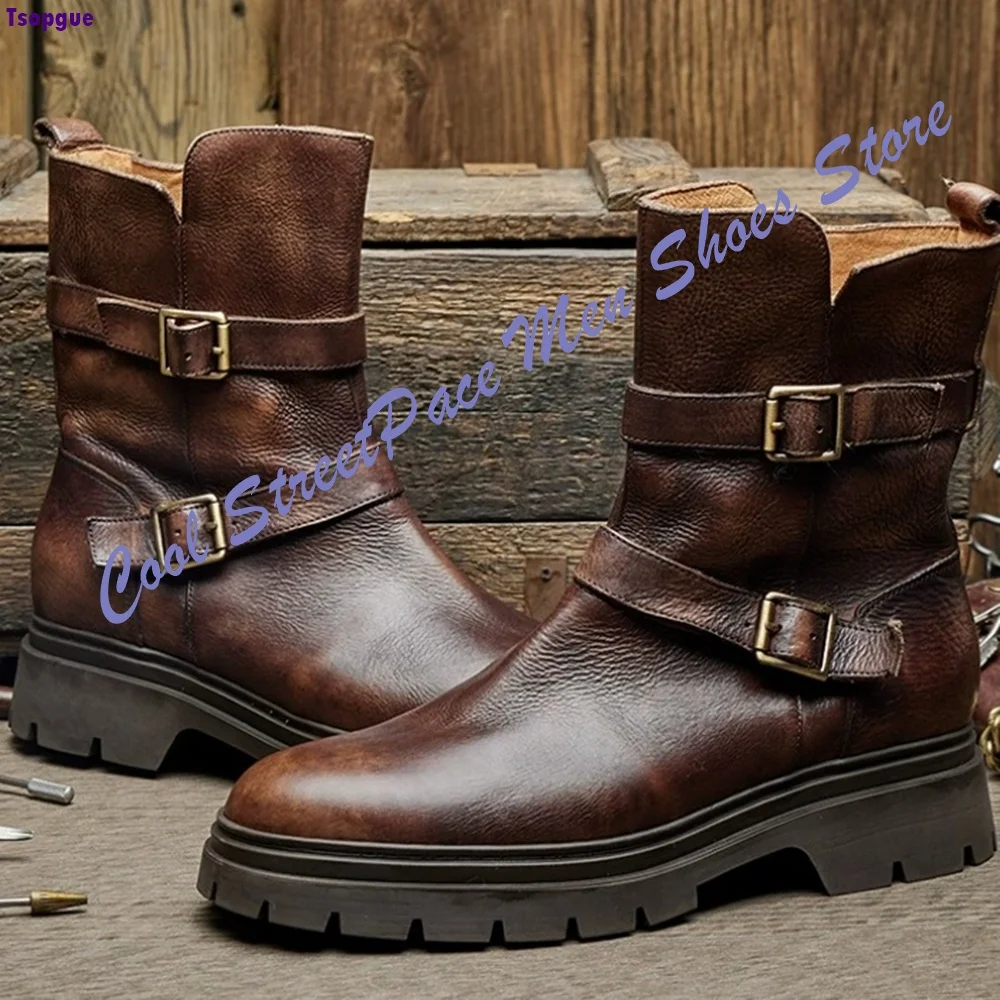 Men Distressed Brown Leather Double Buckle Ankle Boots Streetwear Riding Retro Short Boots Men Daily Outdoor 2026 New Arrival