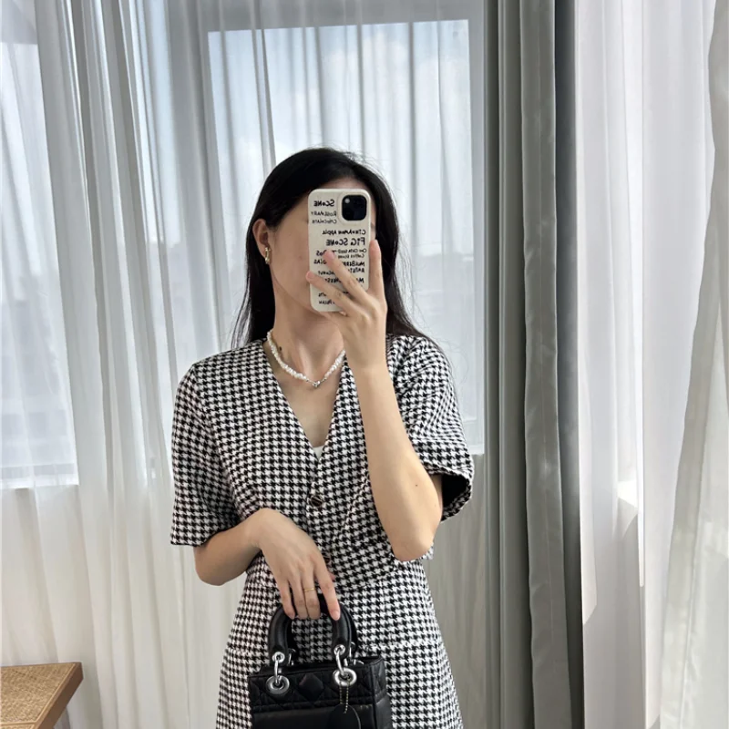 

Good Channel Quality S Home~2024 Spring New Style Elegant Breeze Thousand Bird Grid Coarse Tweed Fake Two Piece Dress