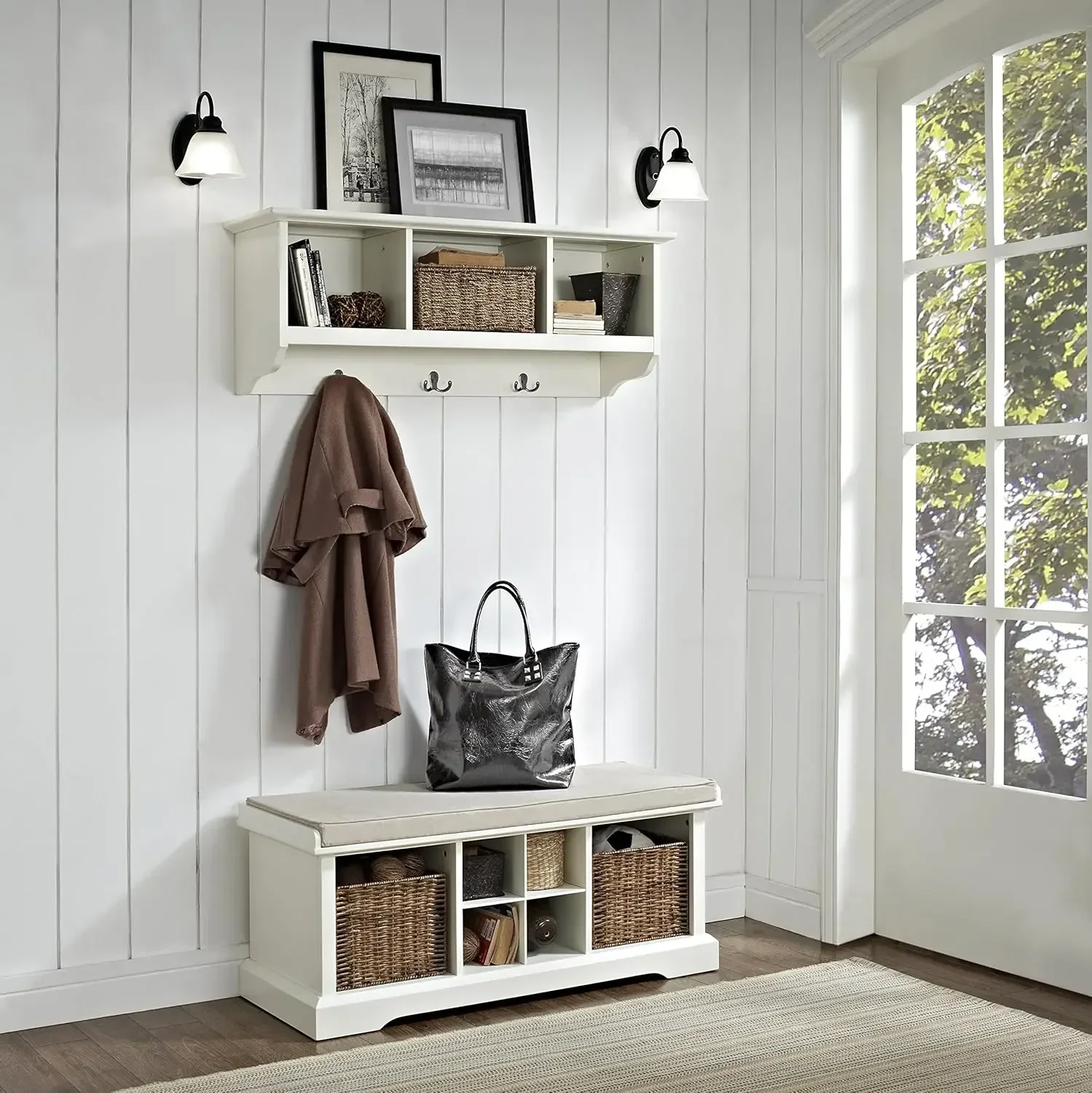 Brennan Entryway Storage Bench and Hanging Shelf Set, White