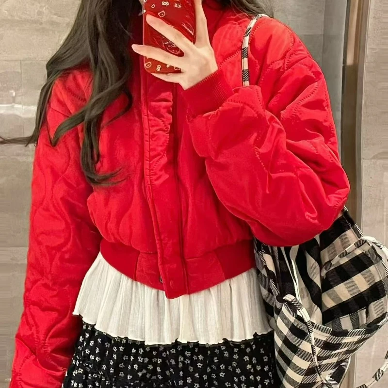 2026秋冬新作 レッドジッパーコットンジャケット レディース ファッション ハイエンド レディライクスタイル コットンアウター トレンド