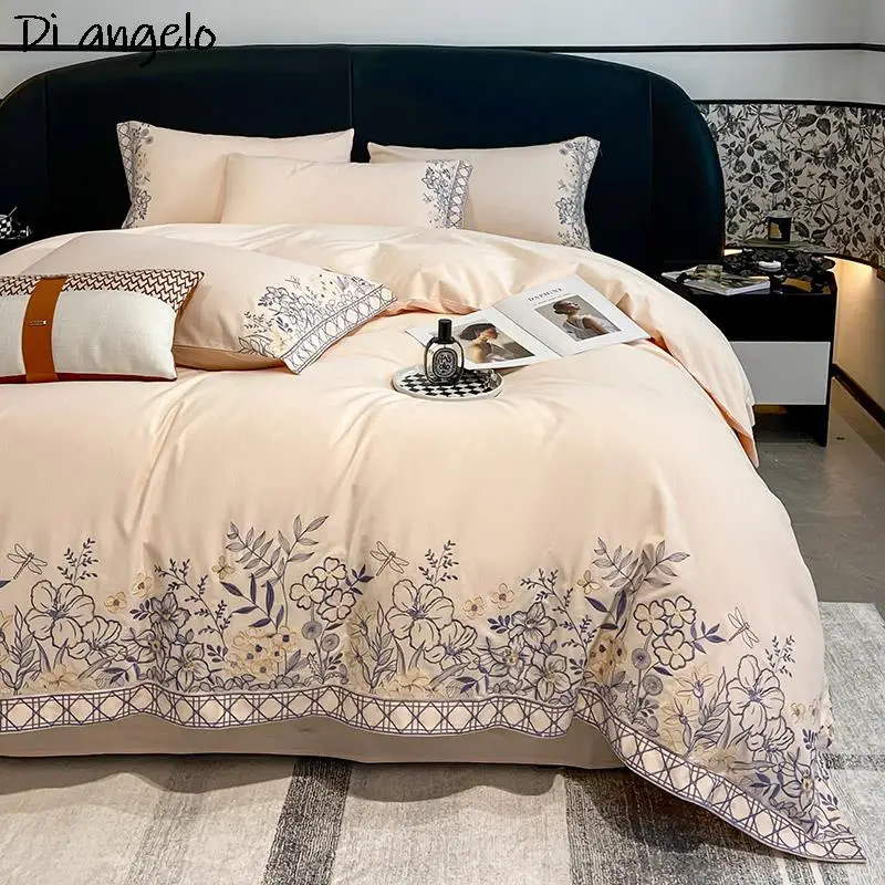 Imagem -02 - Conjunto de Cama de Algodão Egípcio com Bordado Duvet Cover Roupa de Cama Folha Plana Rainha e Rei Presente de Casamento de Luxo 600tc