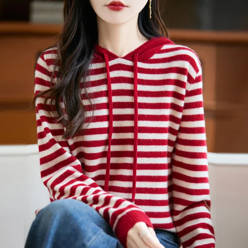 

100% Wool Women's Hooded Sweater, Korean Fashion Striped Pullover, Warm Long Sleeve Jumper for Autumn Winter