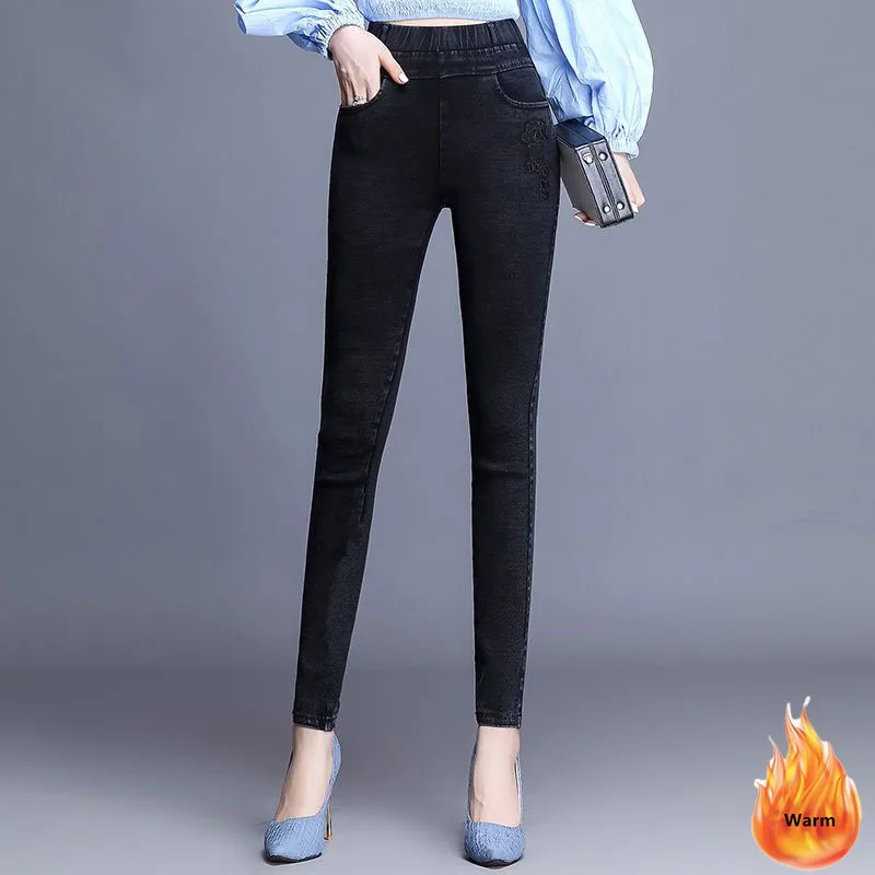 Jeans crayon doublés de velours en peluche pour femmes, pantalons en denim, pantalons skinny chauds, taille haute, hiver