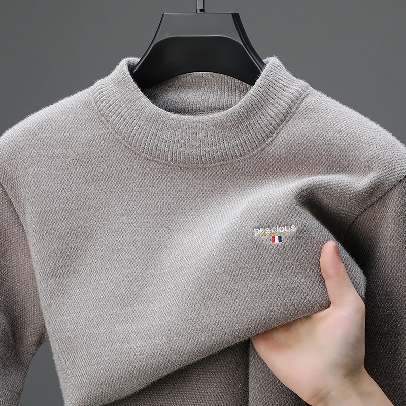 Luxury high-end round neck sweater men's trendy new Korean style casual brand embroidered winter plush thick warm knit pullover