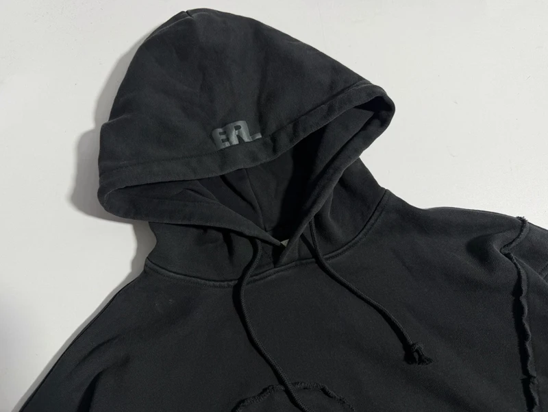 Ultra Loose Shoulder Boxy Hoody Wahsed Black ERL Hood Sweatshirt Cut Seam Line Edge Splicing Vortex Structure Men Women Hoodie