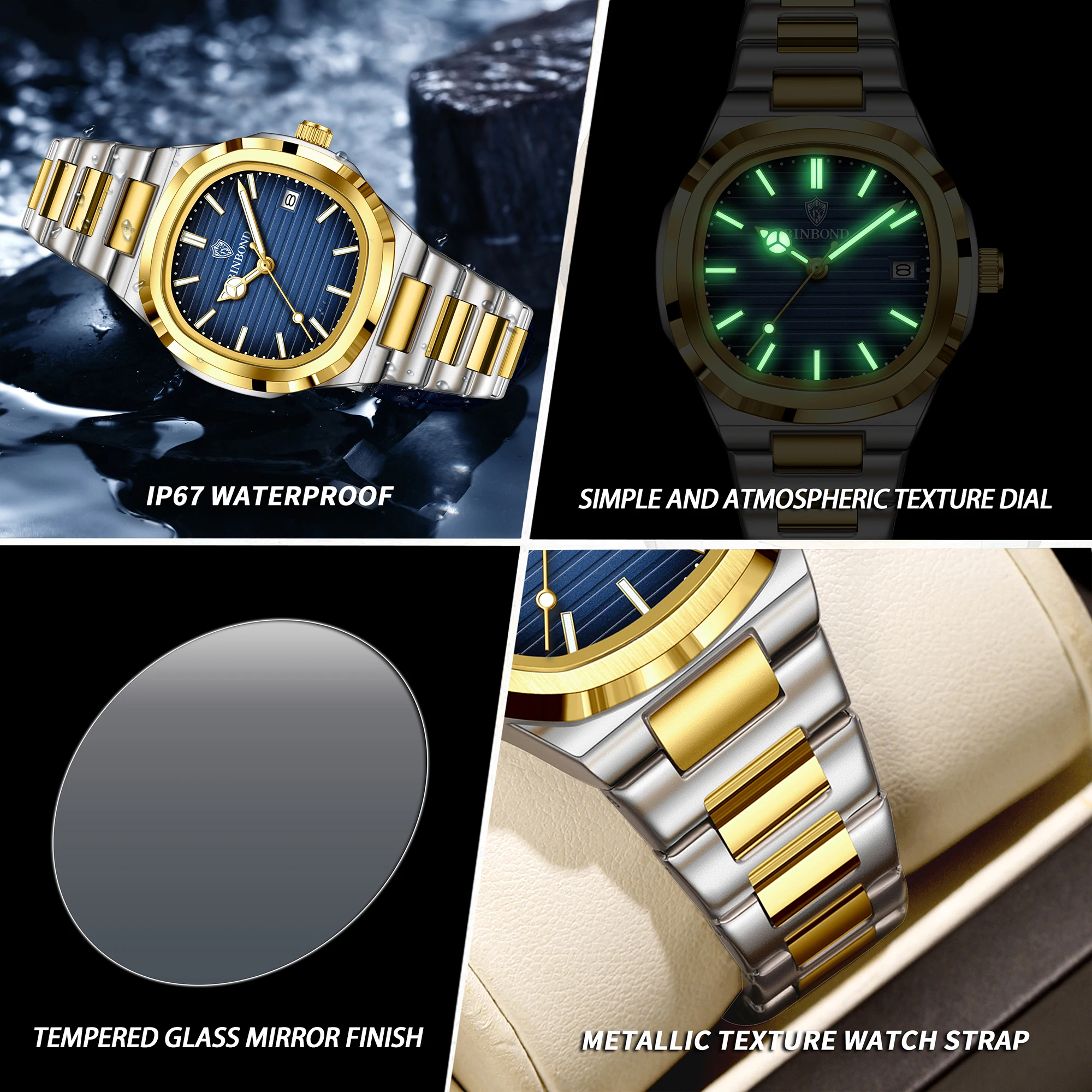Reloj BINBOND duradero con fecha automática para mujer, reloj casual de cuarzo preciso para mujer, de lujo, luminoso e impermeable.