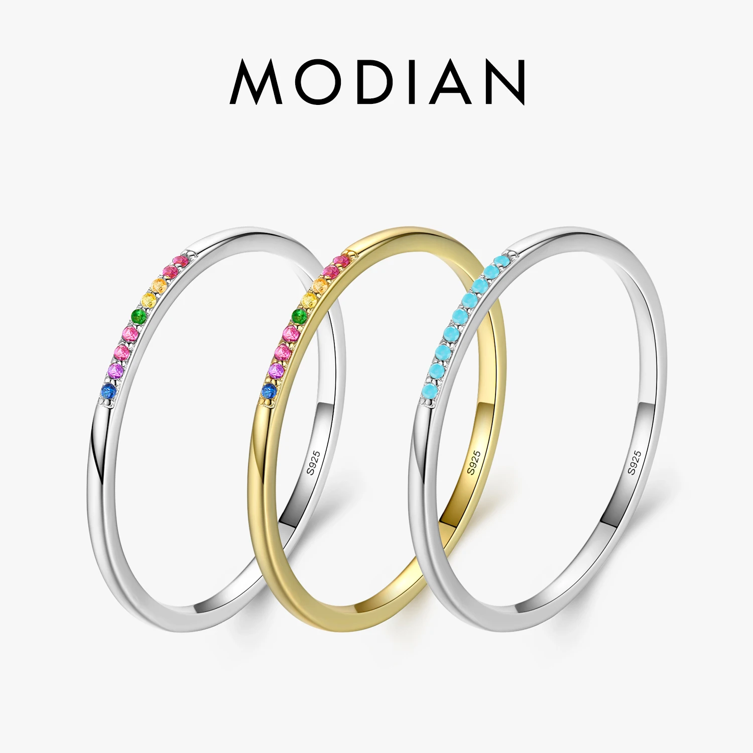 Modian New Real 925 Sterling Silver Trendy Rainbow CZ Stackable Colorful Finger Rings For Women Female Wedding Statement Jewelry