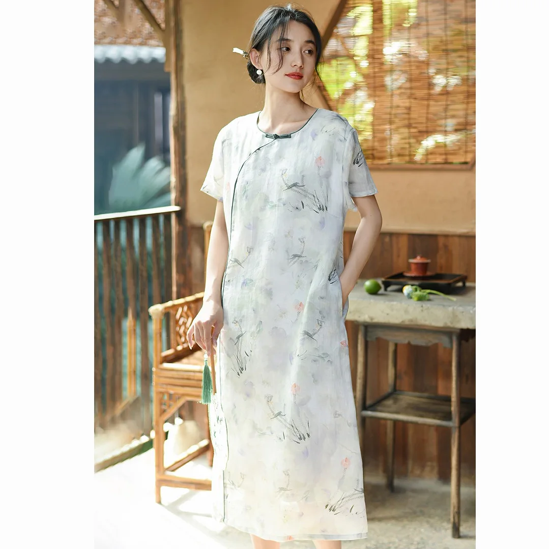 Vintage Midi Ramie Dress Women Floral Printed Short Sleeve Modern Qi Pao Modified Neo Chinese Style Tea Dresses