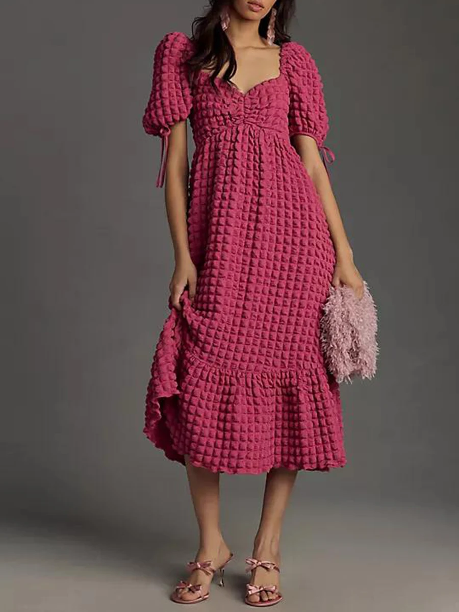 Vestido Midi con mangas abullonadas para mujer, vestido con textura de burbuja, escote Corazón, volantes y flores, amigable con la piel, gran oferta, nueva moda