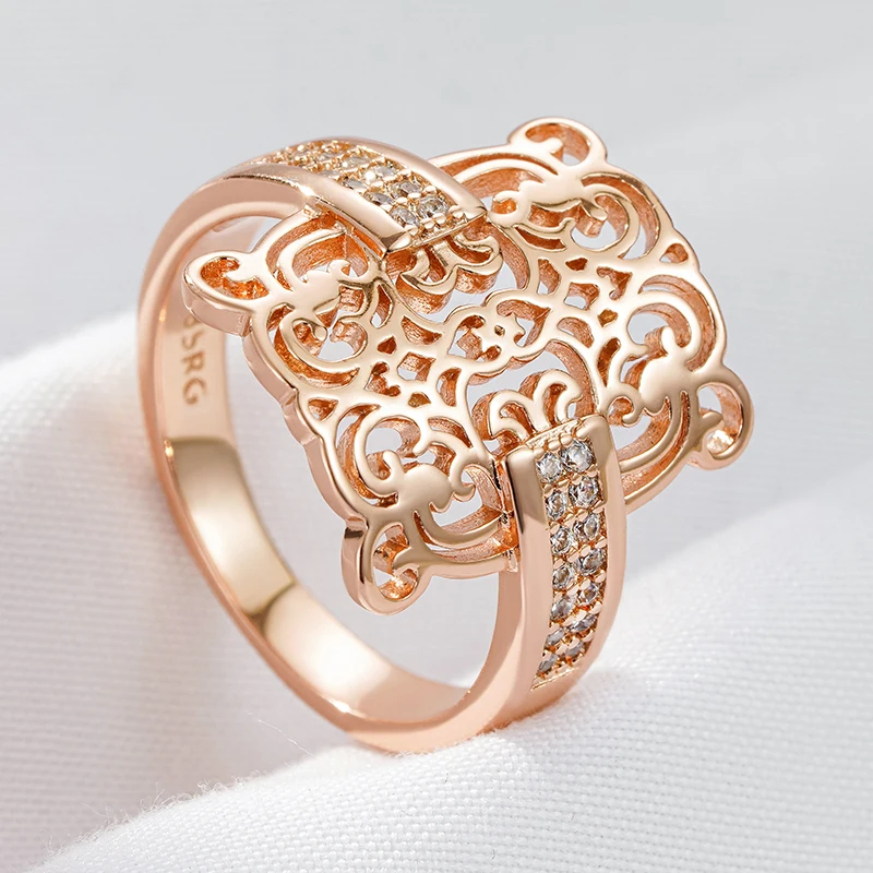 Wbmqda Luxury Unique Hollow Wide Face Ring For Women 585 Rose Gold Silver Color With White Natural Zircon Ethnic Wedding Jewelry