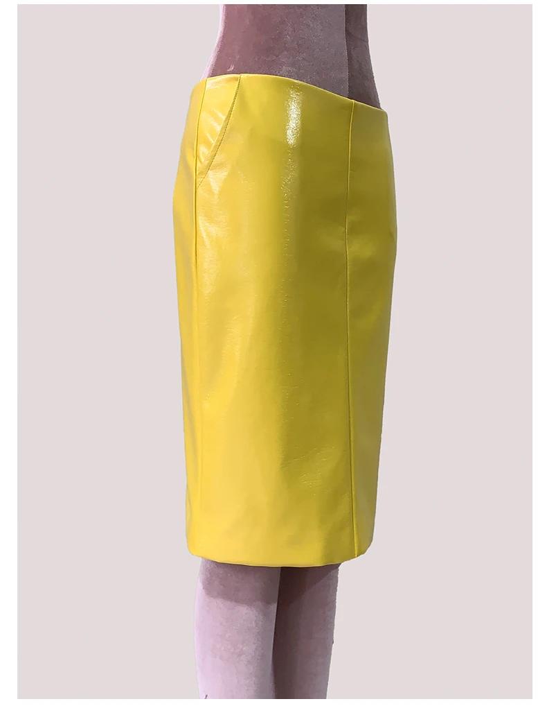 Mauroic Spring Summer Shiny Reflective Bright Yellow Faux Leather Pencil Skirt Women with Back Slit High Waist New Arrivals 2025