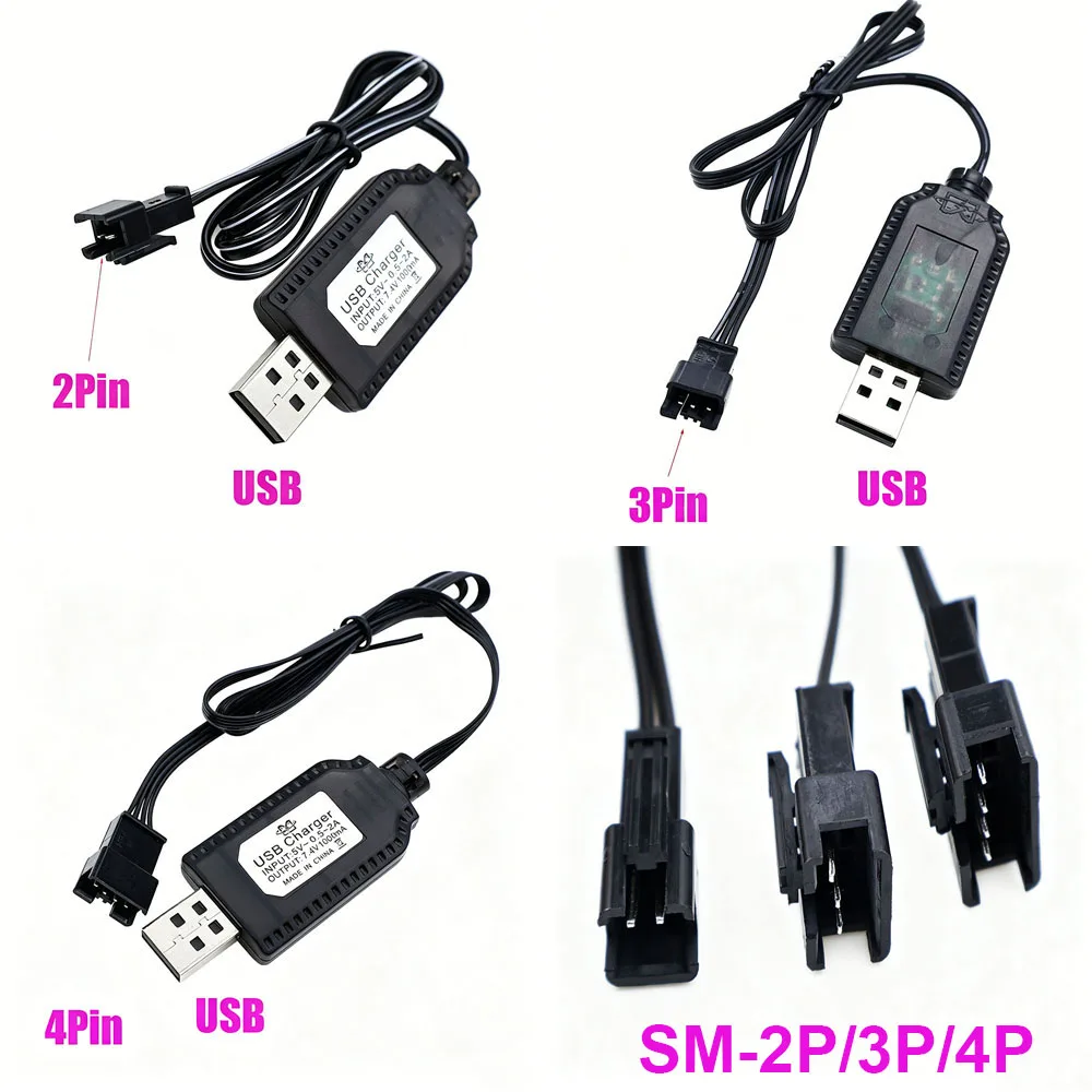 Lithium Battery Charger 7.4V 1000mA With Protection SM-2P/3P/4P Toy Battery USB Charging Cable