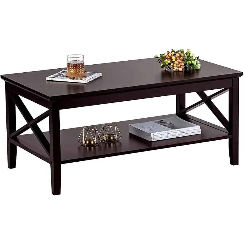 Coffee Table with Thicker Legs, Espresso Wood Coffee Table with Storage for Living Room 40 inches