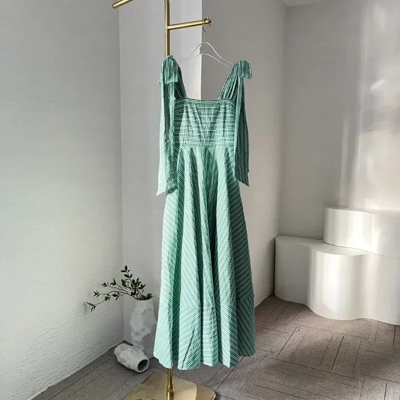 High Quality Women Green White Striped Midi Dress Sleeveless Square Collar Chic Elegant Female Summer Clothing for Holiday